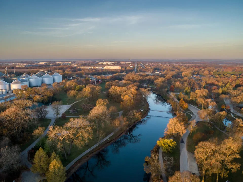 Aerial view of Belvidere and the river through the park