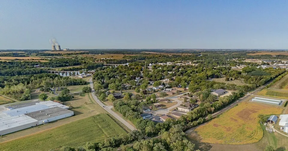 Aerial view of Byron with the river and energy center in the distance